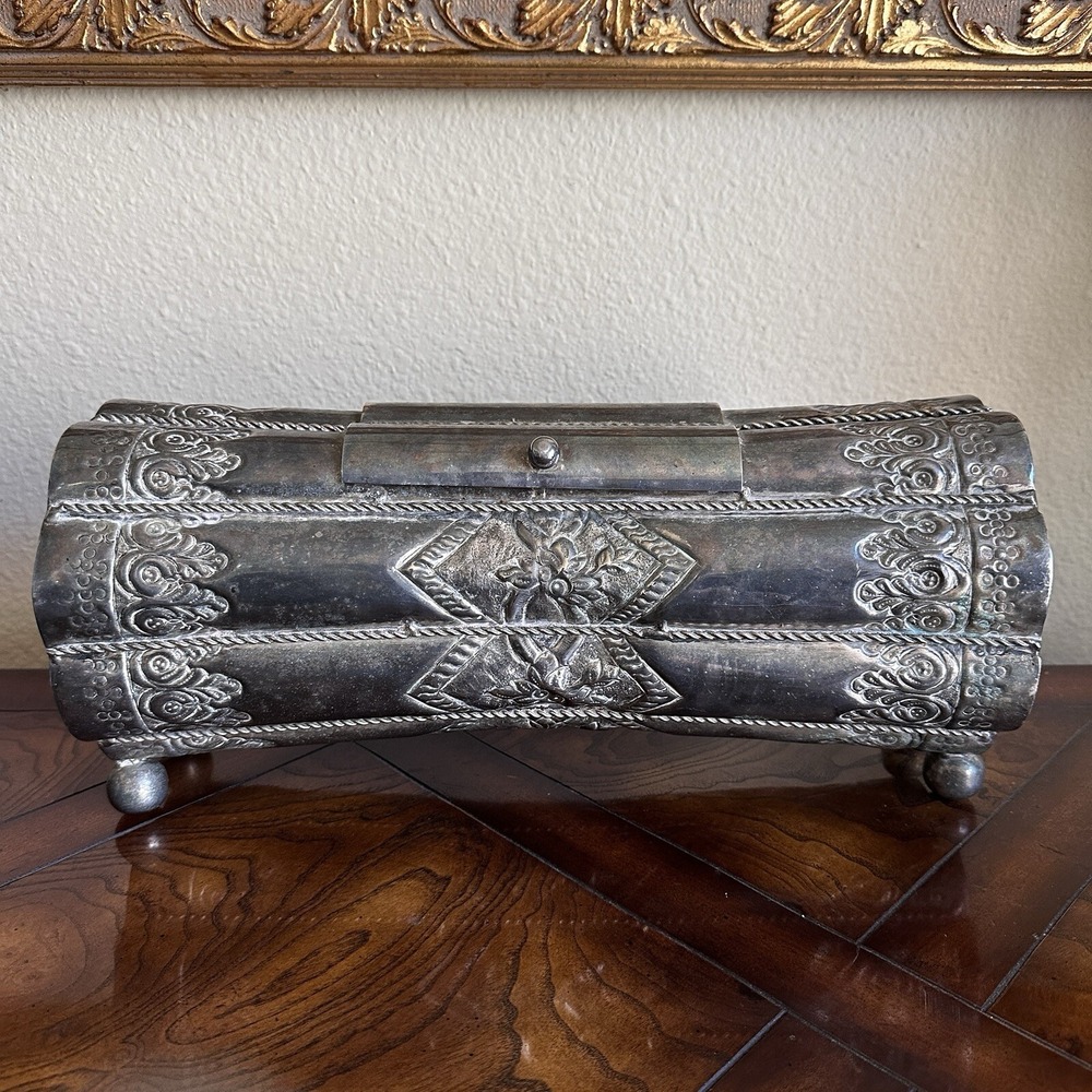 Antique VTG Barrel Shape Metal Box 16.5 Inch Footed Lidded Hammered Ornate READ